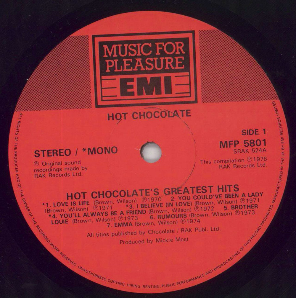 Hot Chocolate 14 Greatest Hits UK vinyl LP album (LP record) HOCLPGR860525