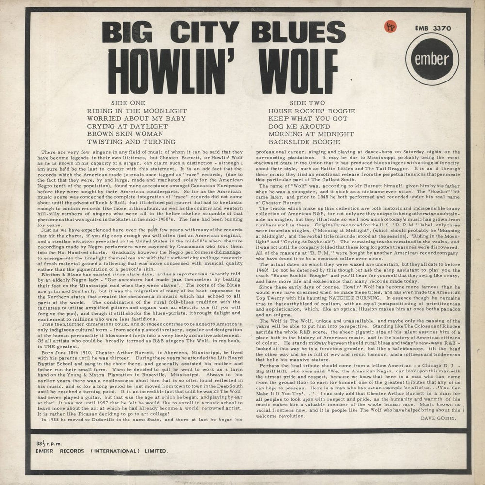Howlin' Wolf Big City Blues UK vinyl LP album (LP record)