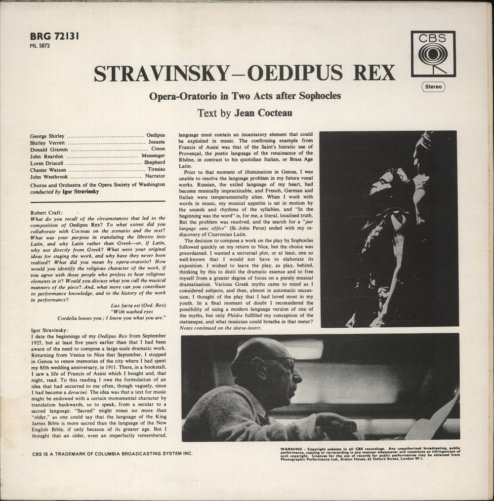 Igor Stravinsky Oedipus Rex UK vinyl LP album (LP record)