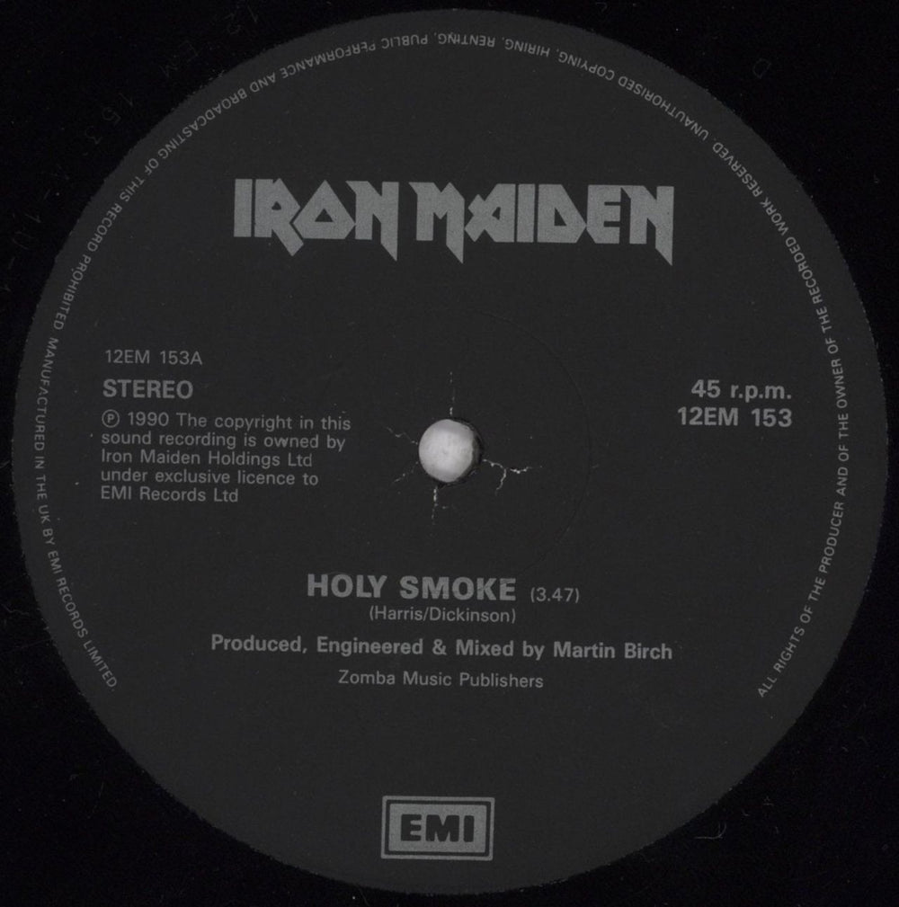 Iron Maiden Holy Smoke - Hype Stickered UK 12" vinyl single (12 inch record / Maxi-single) IRO12HO842056