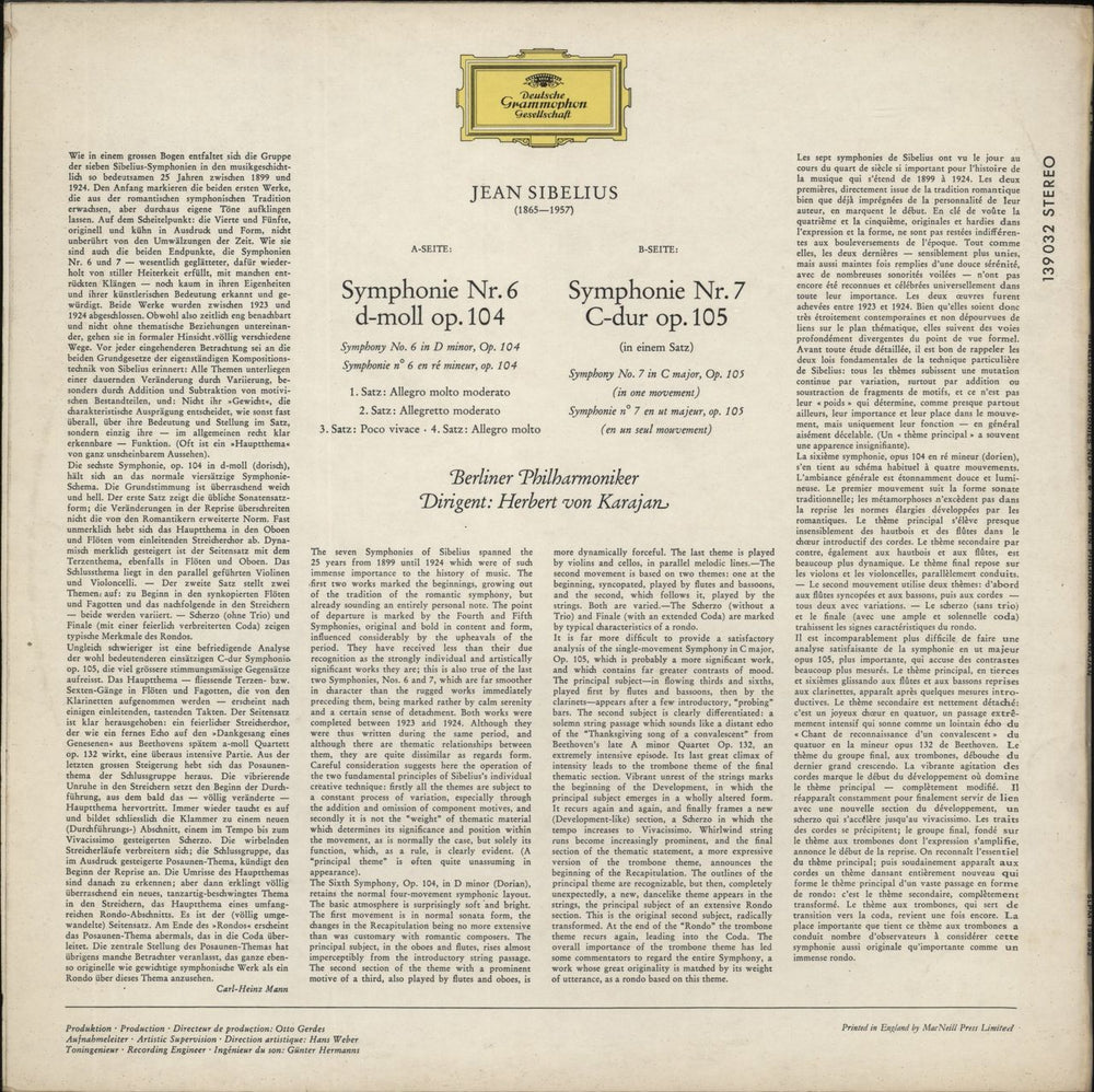 Jean Sibelius Sibelius: Symphonien Nr.6 In D-Moll • Nr.7 In C-Dur UK vinyl LP album (LP record)