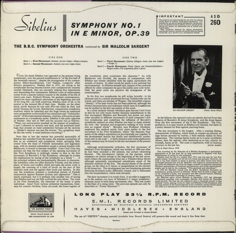 Jean Sibelius Symphony No. 1 In E Minor UK vinyl LP album (LP record)
