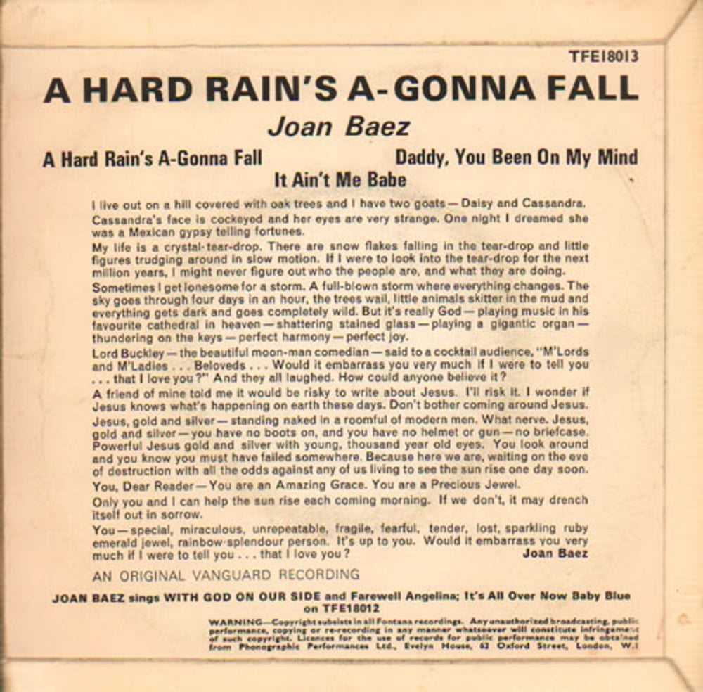 Joan Baez A Hard Rain's A-Gonna Fall EP UK 7" vinyl single (7 inch record / 45) JBZ07AH640220