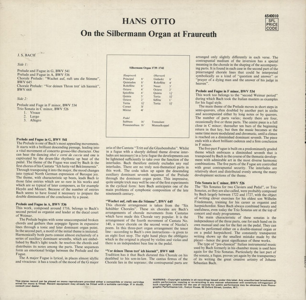 Johann Sebastian Bach Bach: At The Silbermann Organ At Fraureuth UK vinyl LP album (LP record)