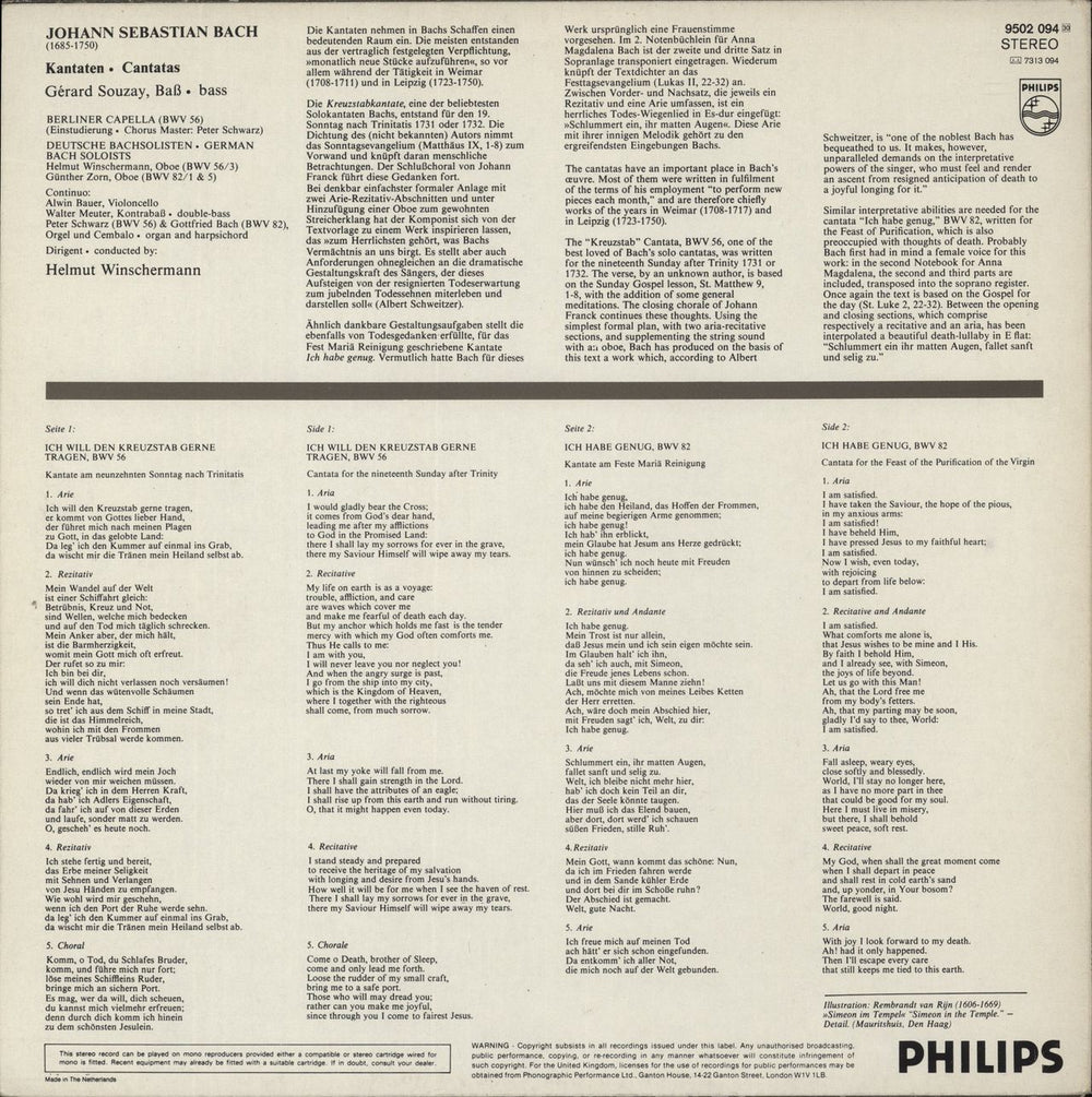 Johann Sebastian Bach Bach: Cantatas: Ich Habe Genug / Ich Will Den Kreuzstab Gerne Tragen) Dutch vinyl LP album (LP record)