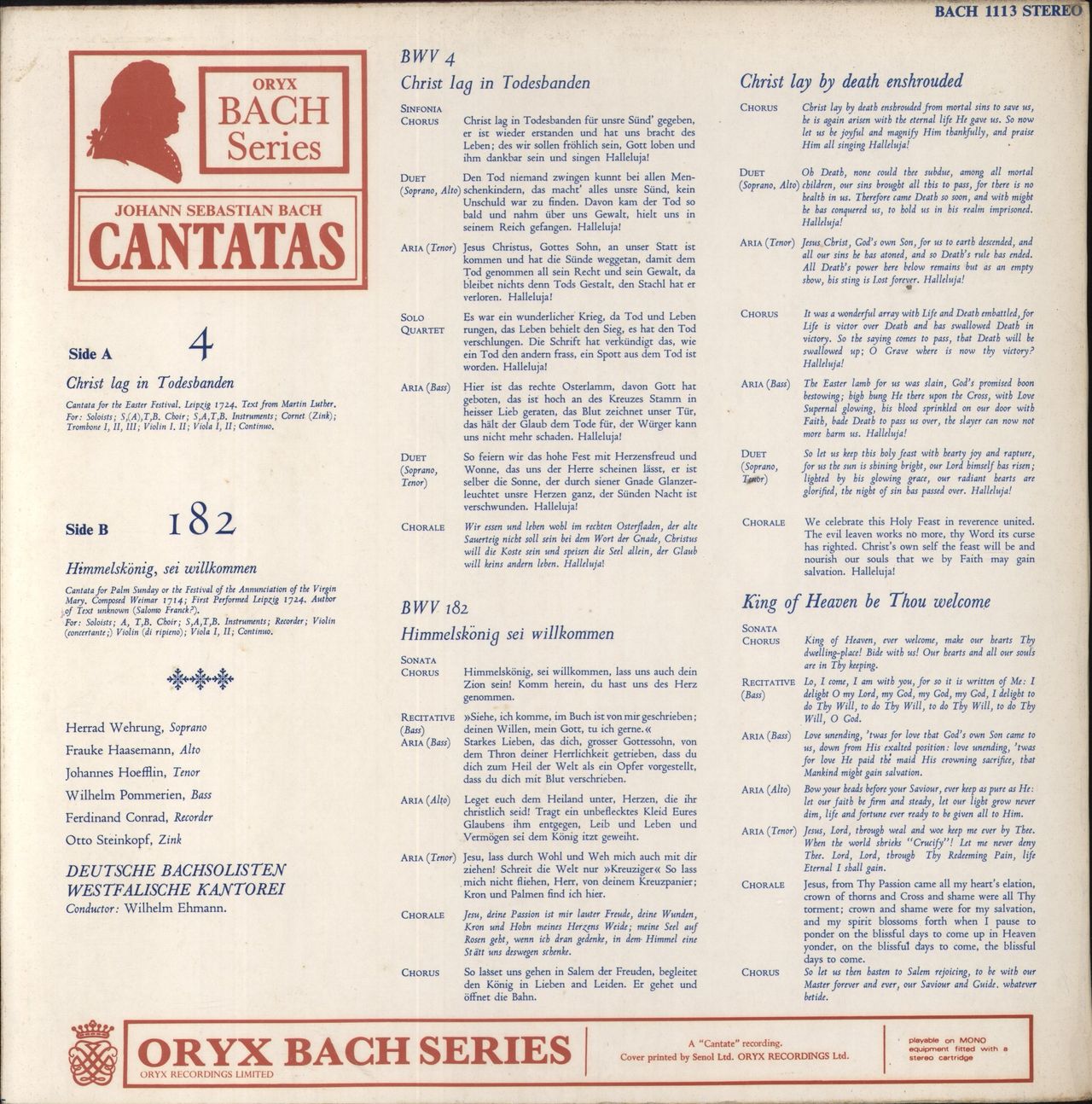 Johann Sebastian Bach J. S. Bach: Cantatas 4 & 182 UK Vinyl LP