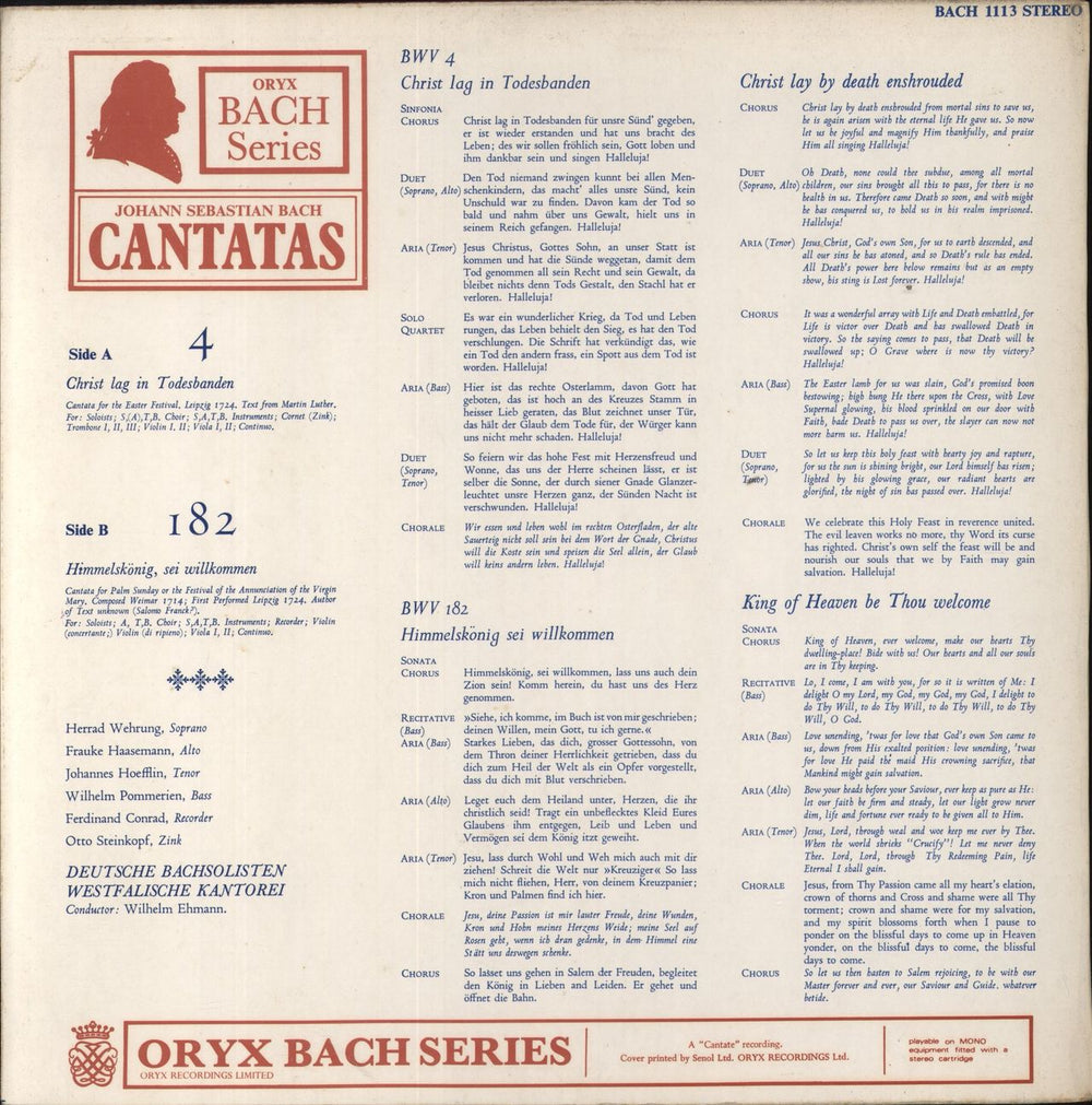 Johann Sebastian Bach J. S. Bach: Cantatas 4 & 182 UK Vinyl LP