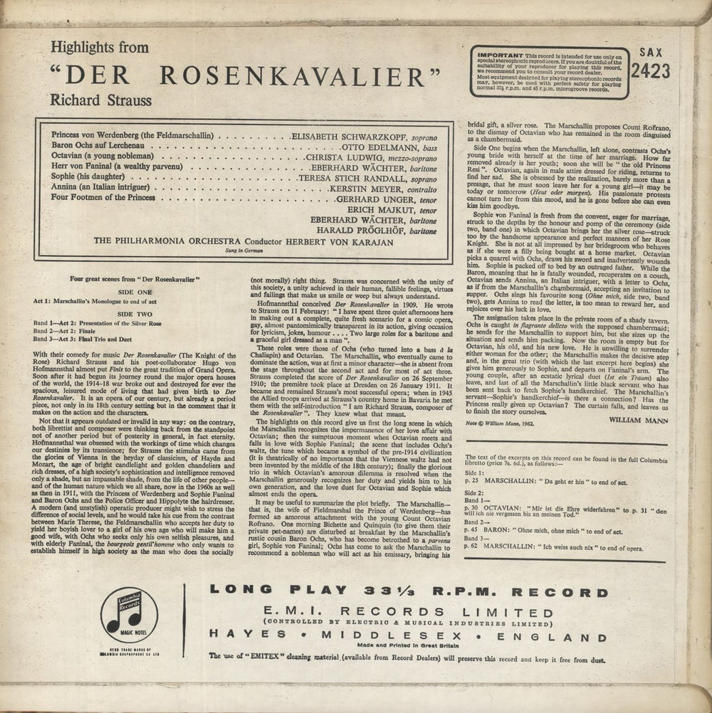 Johann Strauss II (1825-1899) Strauss: Der Rosenkavalier Highlights UK vinyl LP album (LP record)