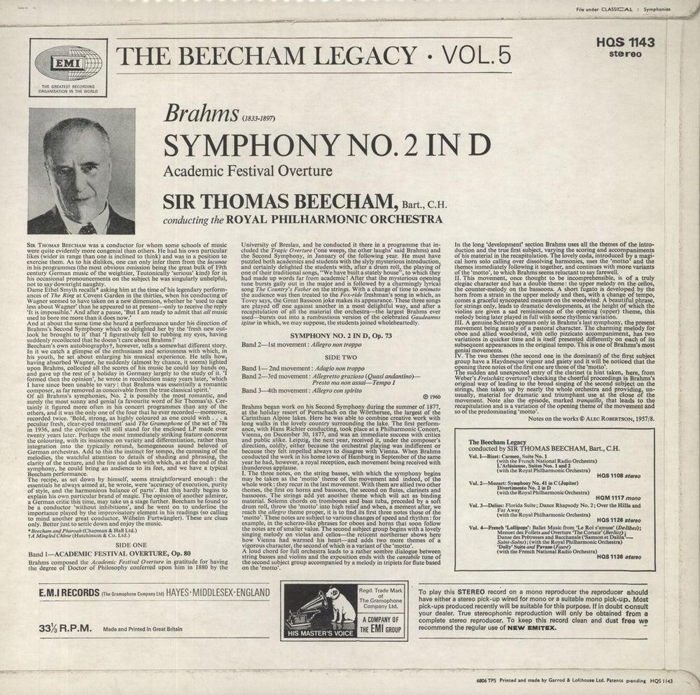 Johannes Brahms Brahms: Symphony No. 2 In D / Academic Festival Overture UK vinyl LP album (LP record)