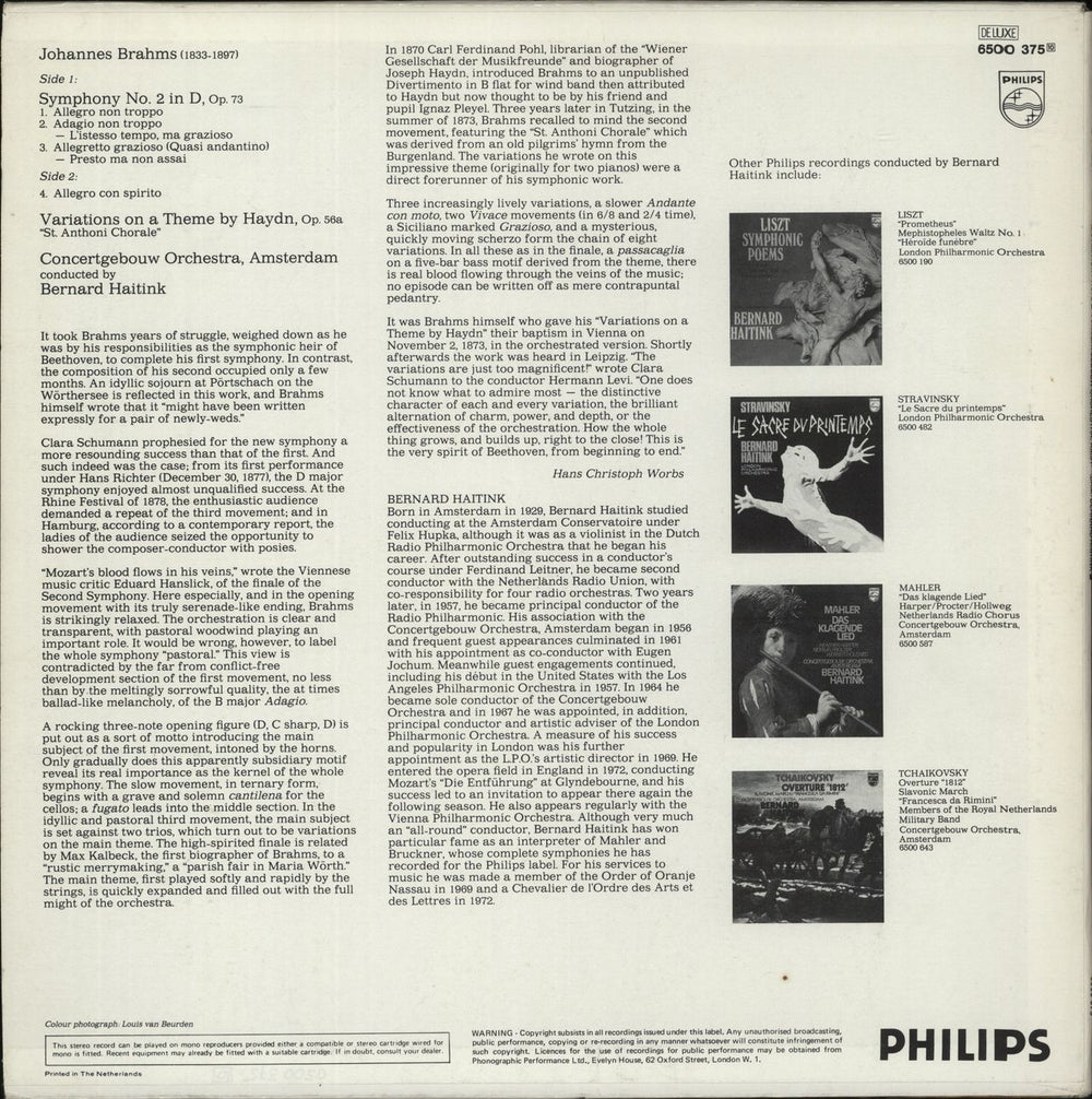 Johannes Brahms Symphony No. 2 · Variations On A Theme Of Haydn, Op. 56a - White Label Test Pressing Dutch Promo vinyl LP album (LP record)