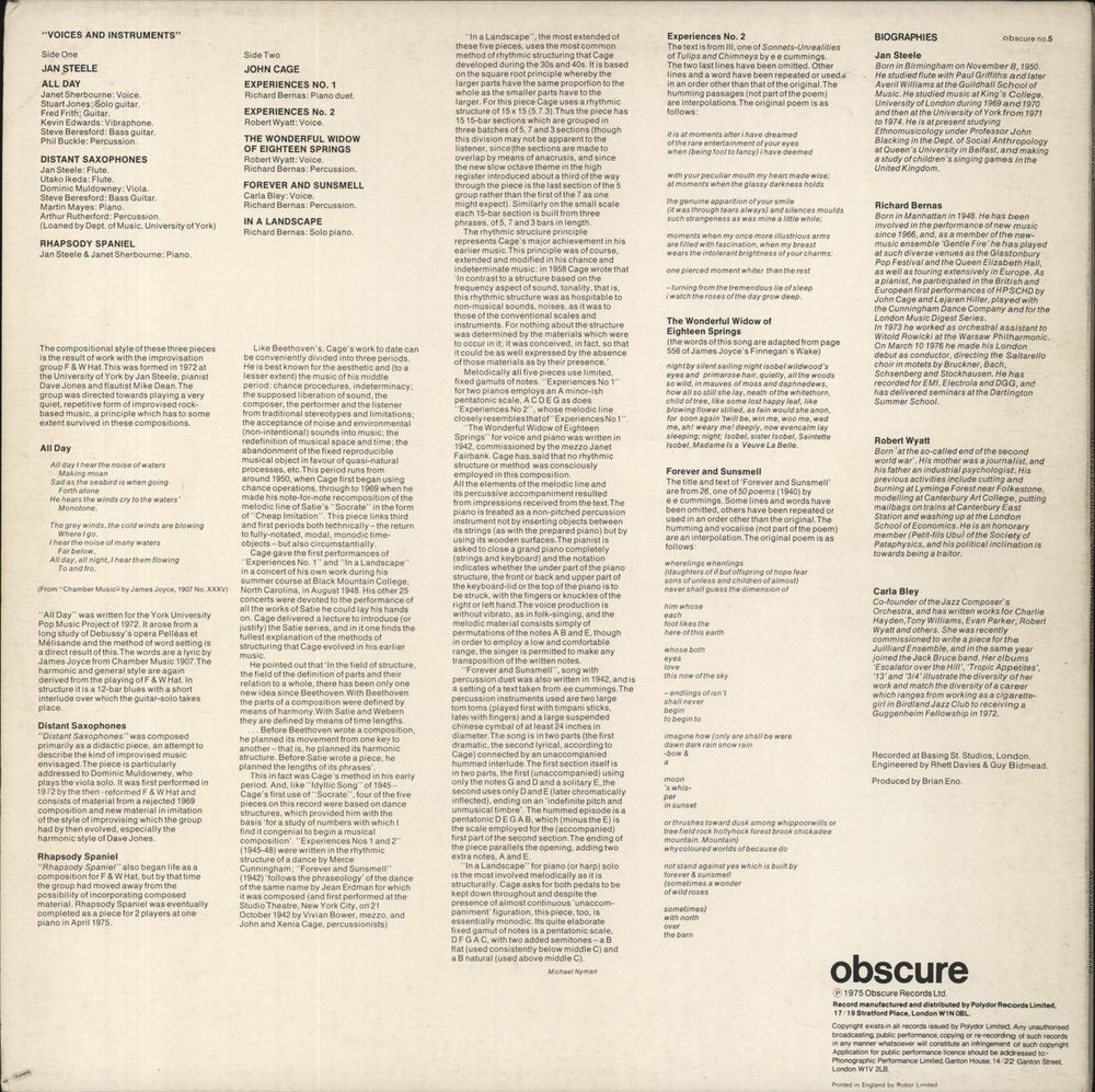 John Cage Voices And Instruments UK vinyl LP album (LP record)