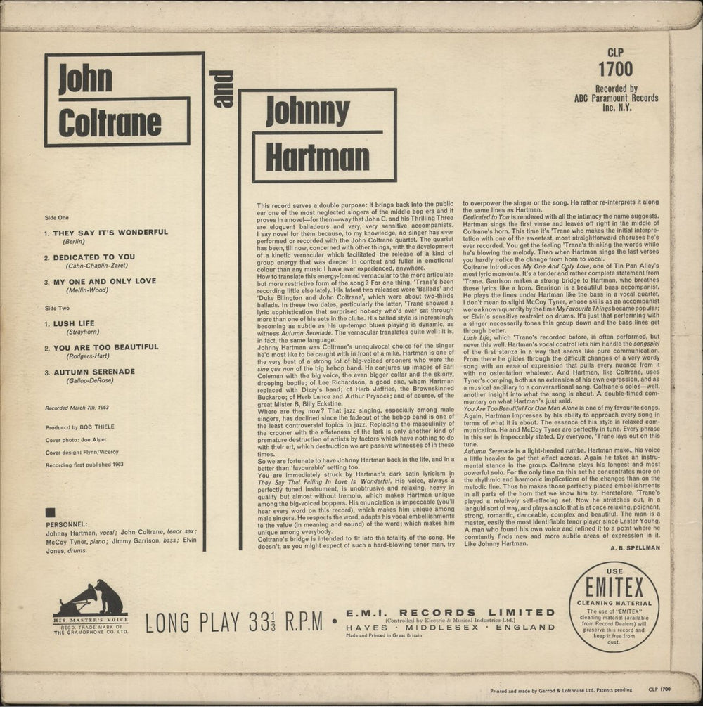 John Coltrane John Coltrane And Johnny Hartman UK vinyl LP album (LP record)