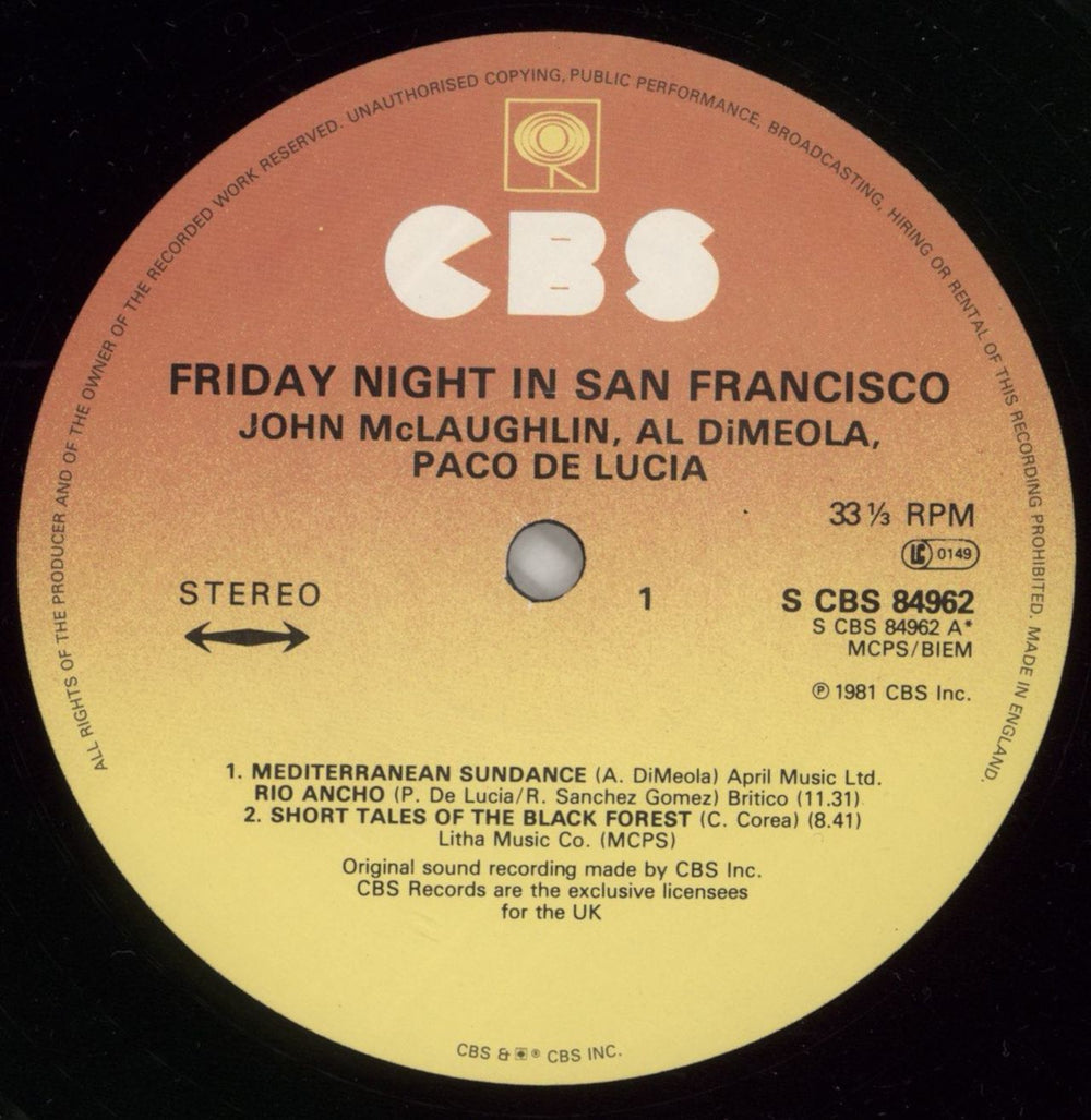 John McLaughlin, Al DiMeola & Paco De Lucia Friday Night In San Francisco UK vinyl LP album (LP record) LDMLPFR283170