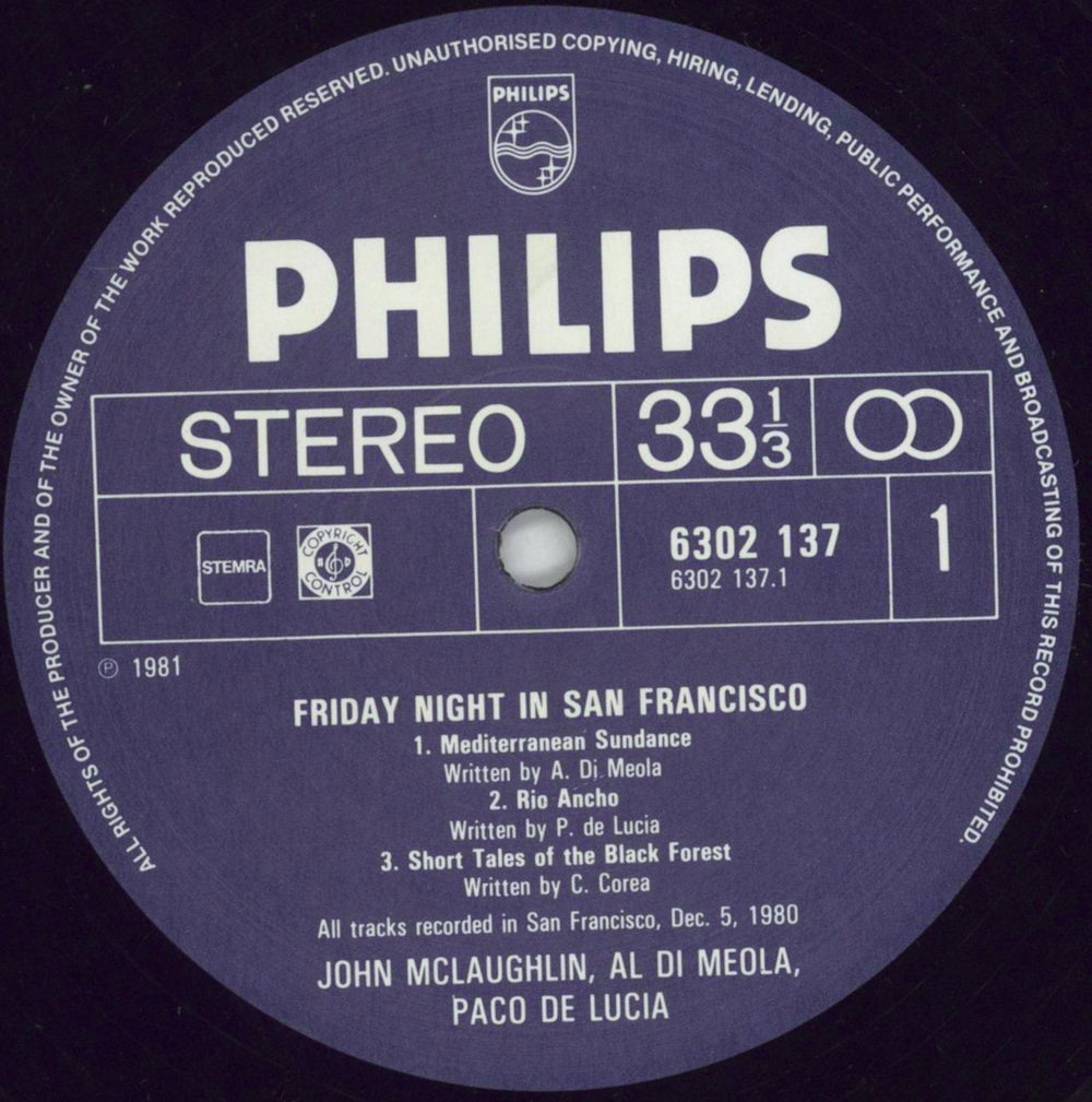 John McLaughlin, Al DiMeola & Paco De Lucia Friday Night In San Francisco UK vinyl LP album (LP record) LDMLPFR801770
