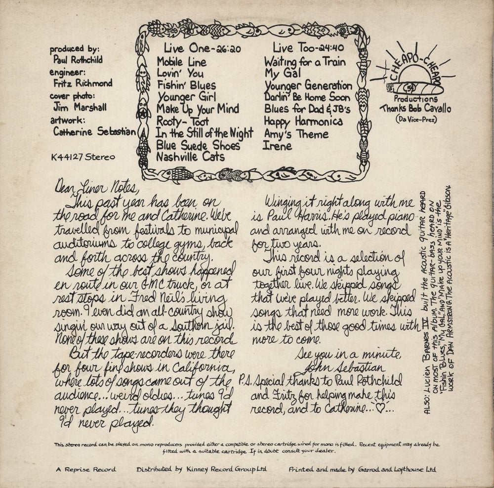 John Sebastian Cheapo Cheapo Productions Presents Real Live John Sebastian UK vinyl LP album (LP record)