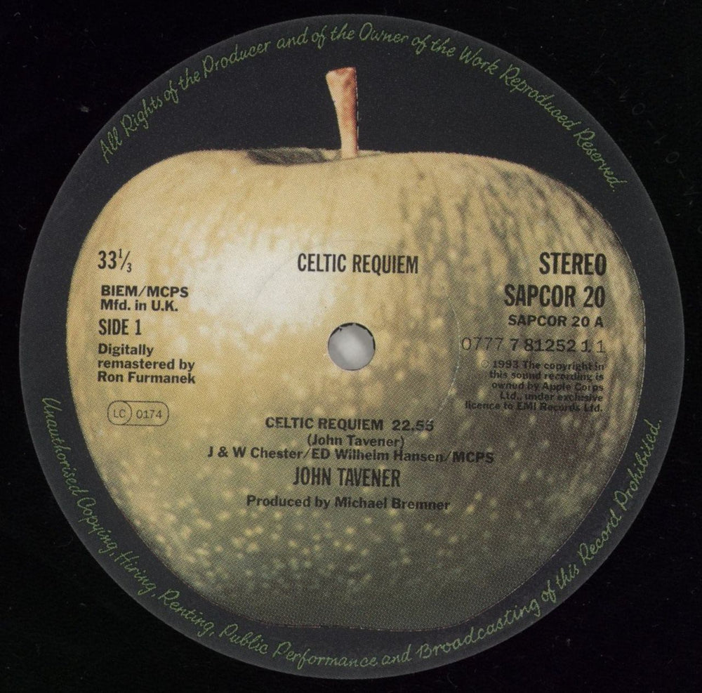 John Tavener Celtic Requiem - VG UK vinyl LP album (LP record) TVRLPCE865983