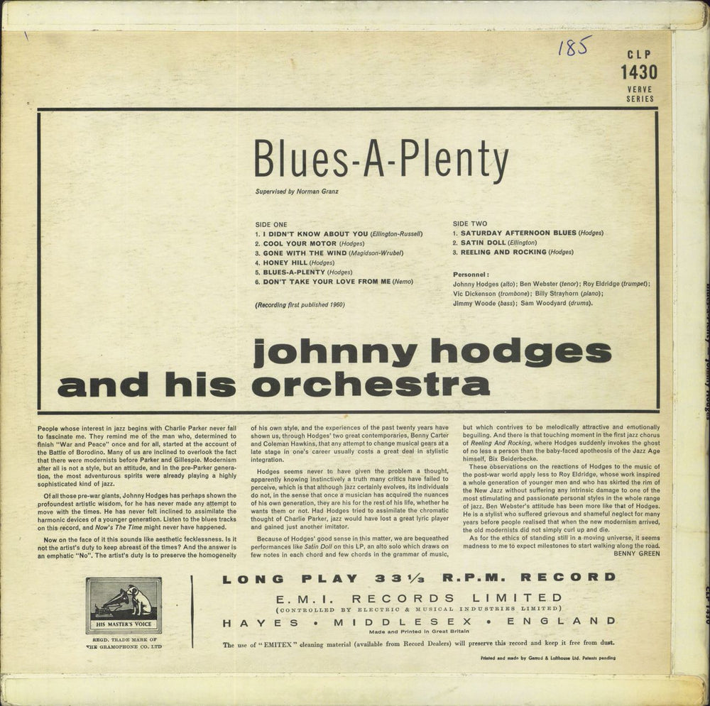 Johnny Hodges Blues A-Plenty - EX UK vinyl LP album (LP record)