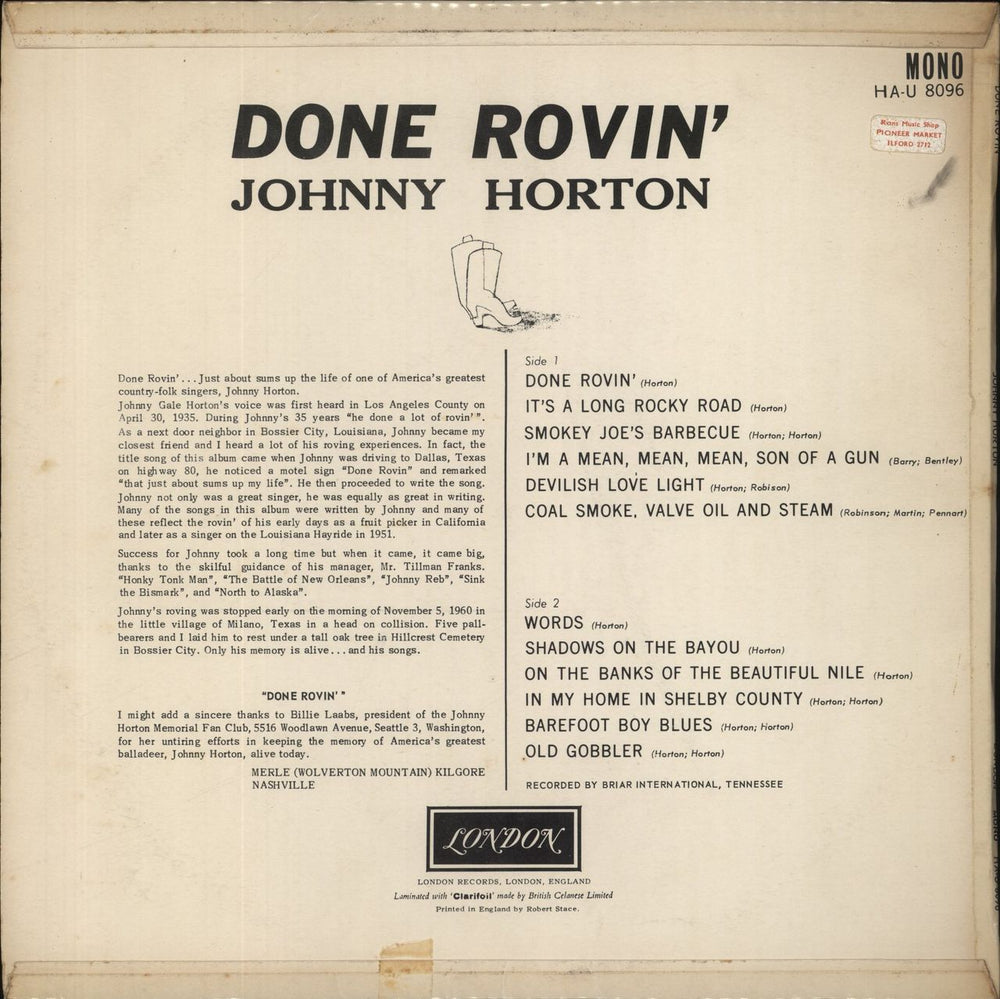 Johnny Horton Done Rovin' UK vinyl LP album (LP record)