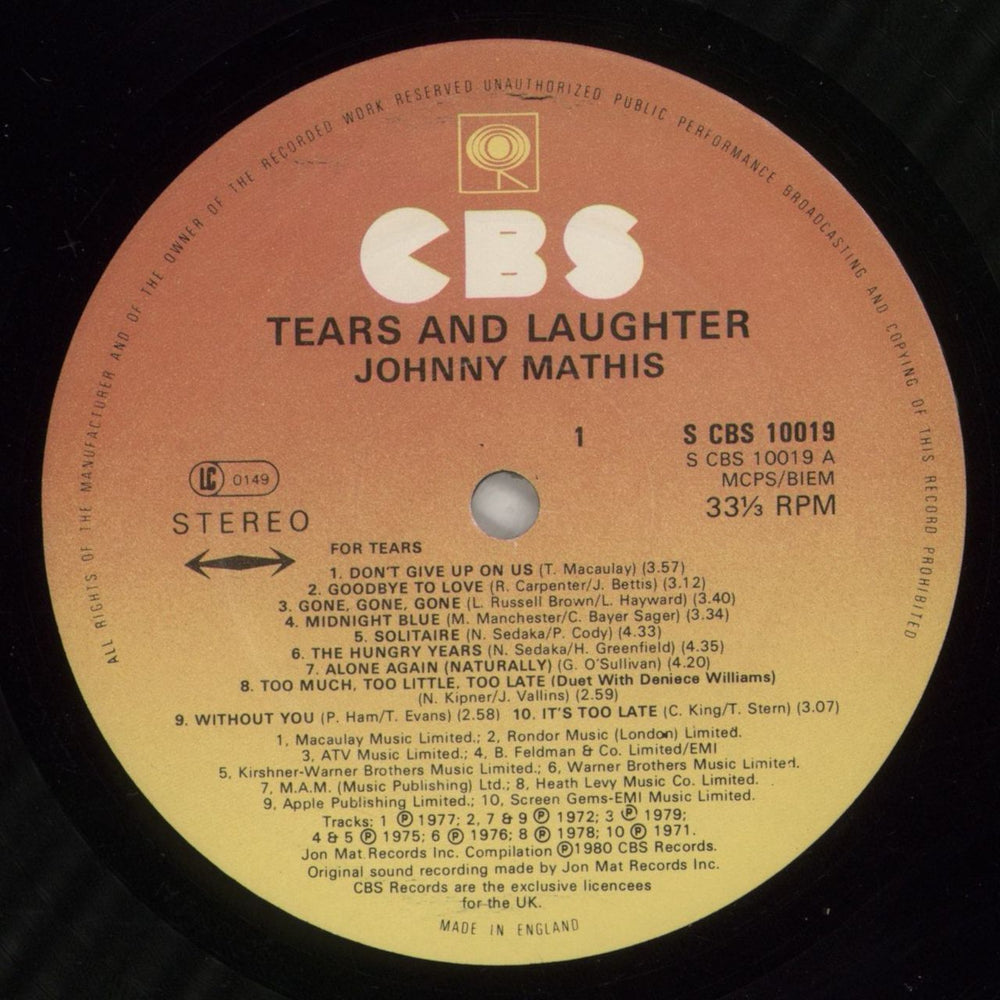 Johnny Mathis Tears And Laughter UK vinyl LP album (LP record) J-MLPTE589228