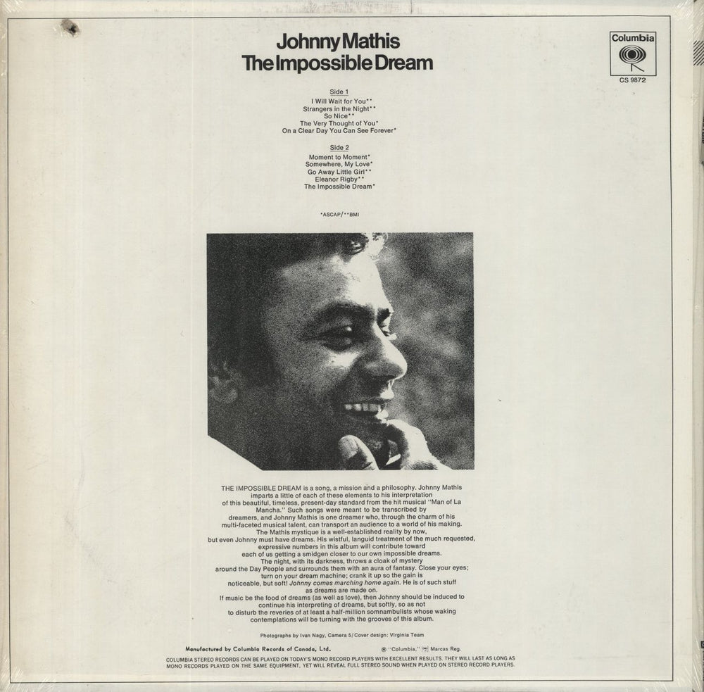 Johnny Mathis The Impossible Dream - Shrink Canadian vinyl LP album (LP record)