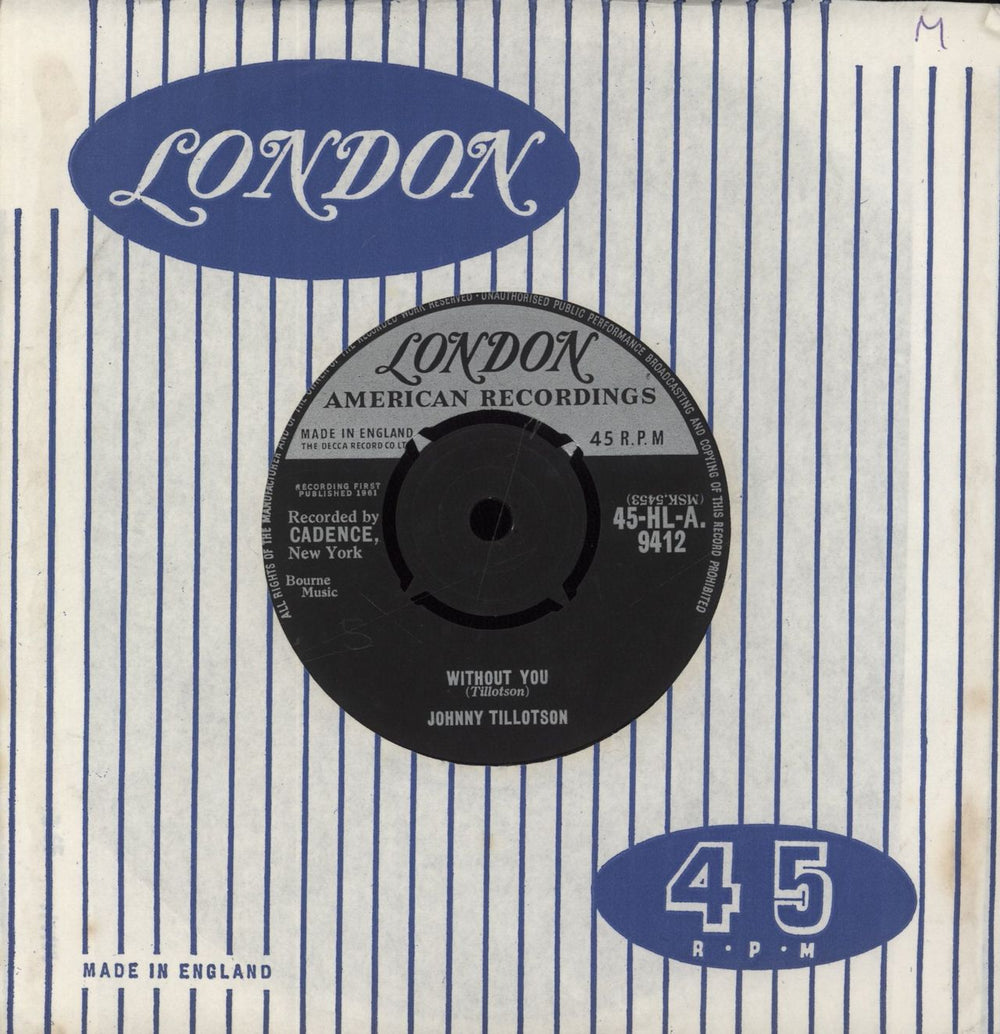 Johnny Tillotson Without You UK 7" vinyl single (7 inch record / 45) 45-HL-A.9412