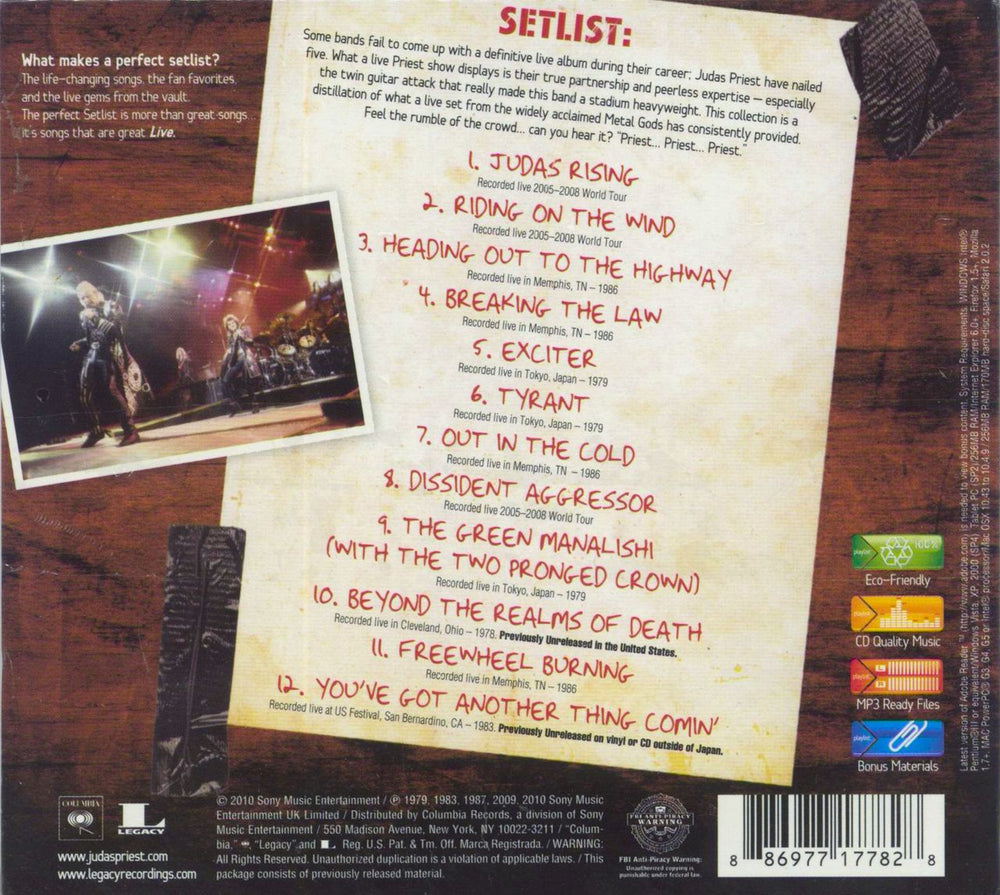 Judas Priest Setlist: The Very Best Of Judas Priest Live - Sealed US CD album (CDLP)