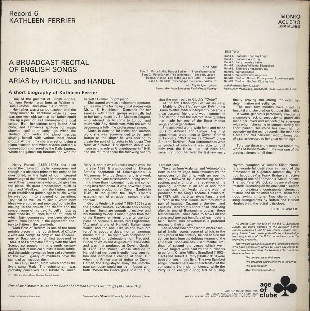 Kathleen Ferrier A Broadcast Recital Of English Songs And Arias By Purcell And Handel UK vinyl LP album (LP record)