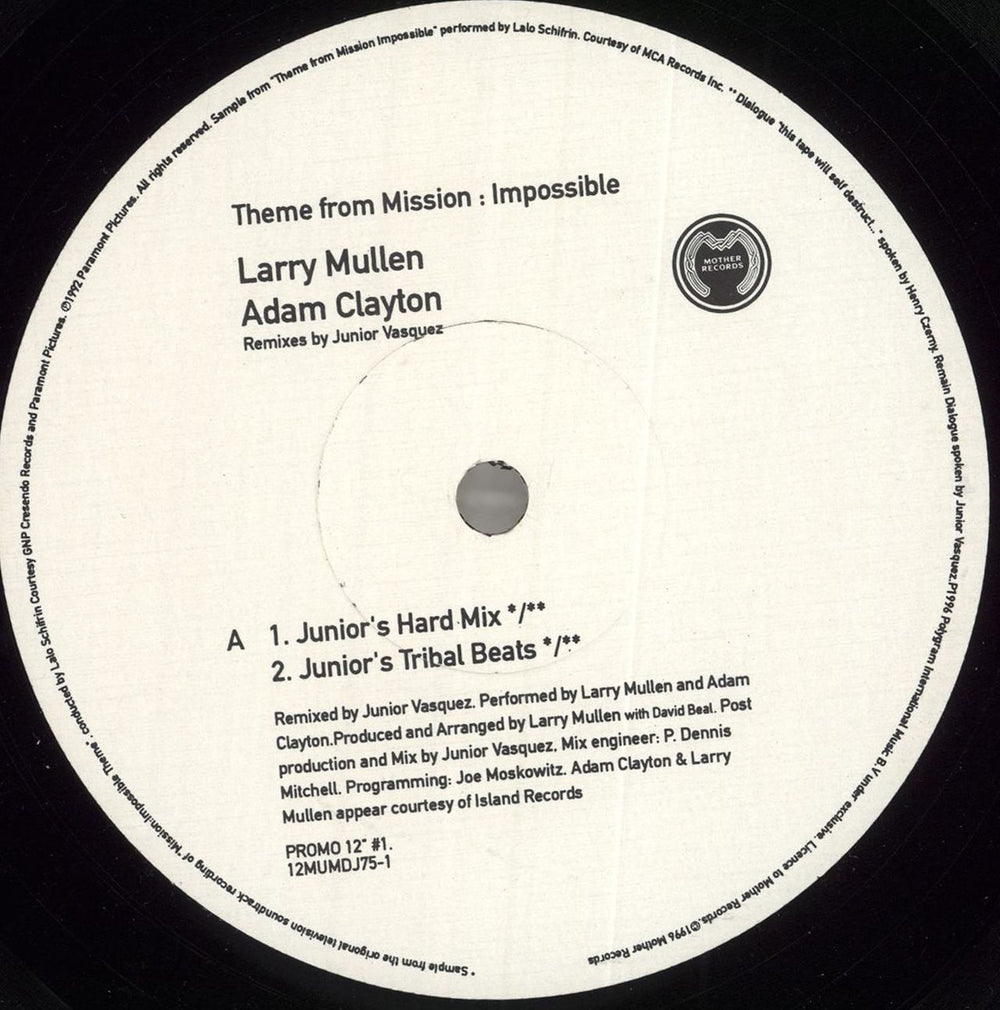 Larry Mullen & Adam Clayton Theme From Mission: Impossible (Junior Vasquez Remixes) UK Promo 12" vinyl single (12 inch record / Maxi-single) LMU12TH64304