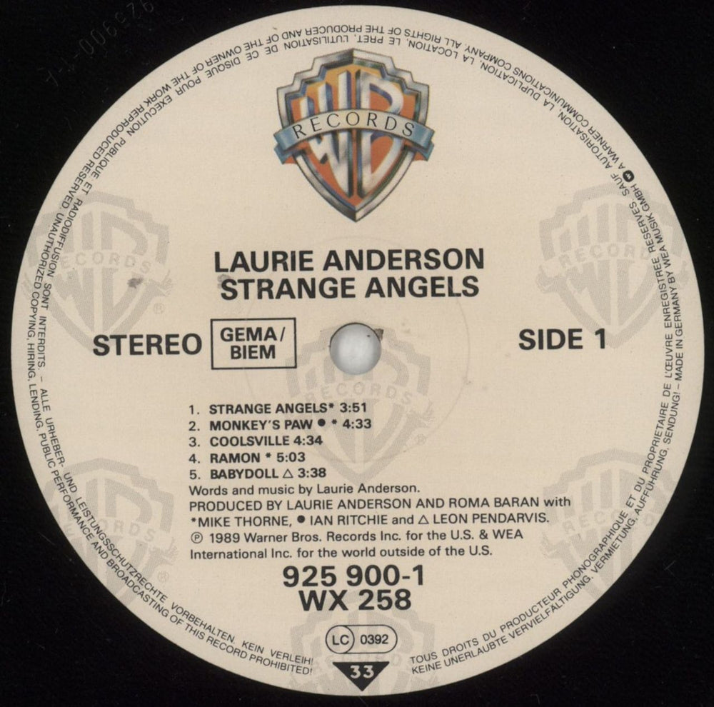 Laurie Anderson Strange Angels UK vinyl LP album (LP record) LUALPST495384