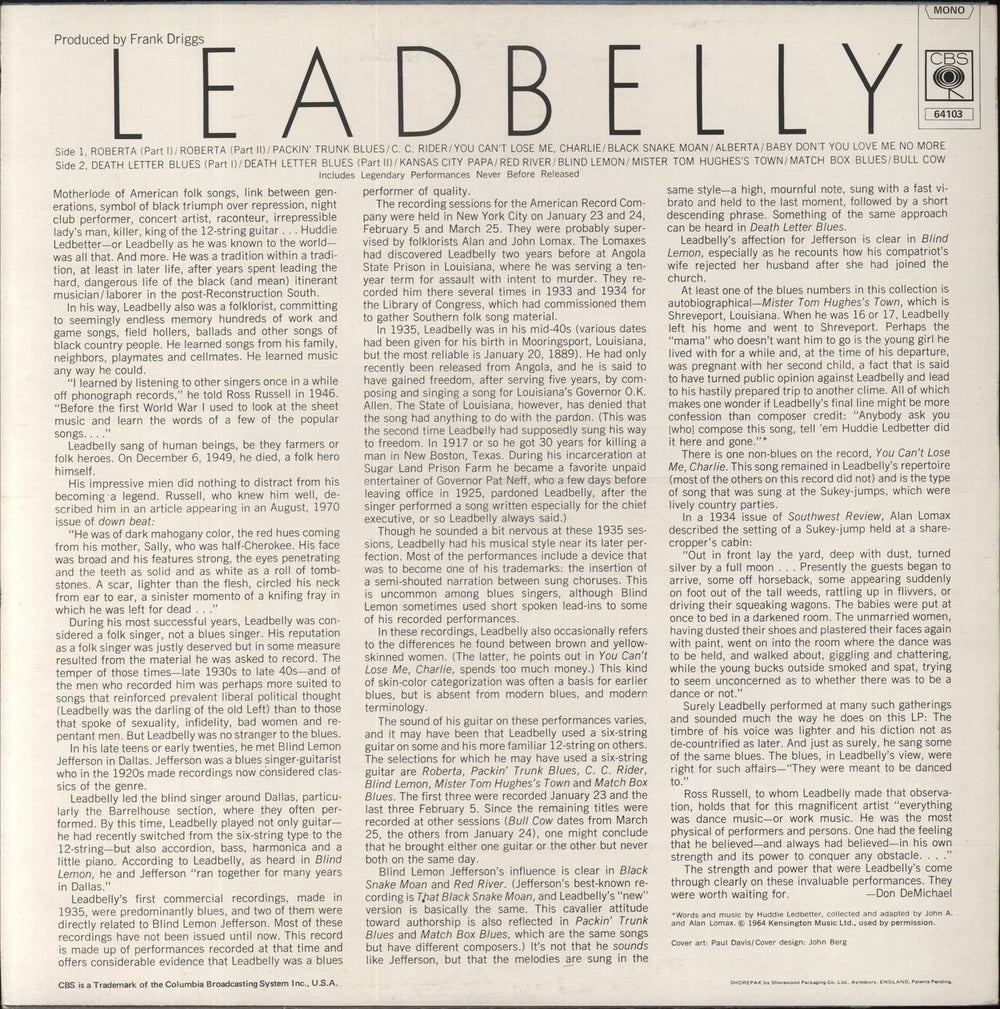 Leadbelly Leadbelly UK vinyl LP album (LP record)