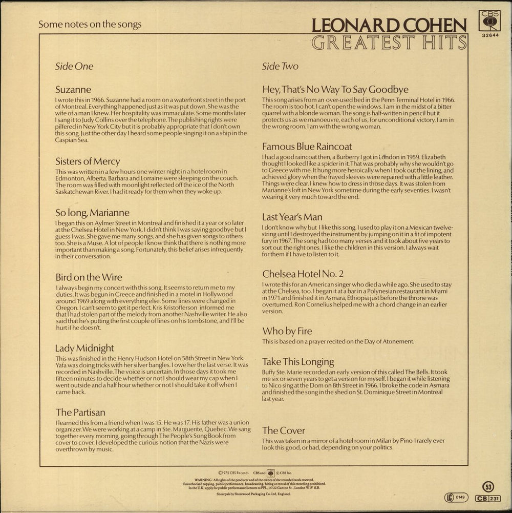 Leonard Cohen Greatest Hits German CD album (CDLP) 5099703264425