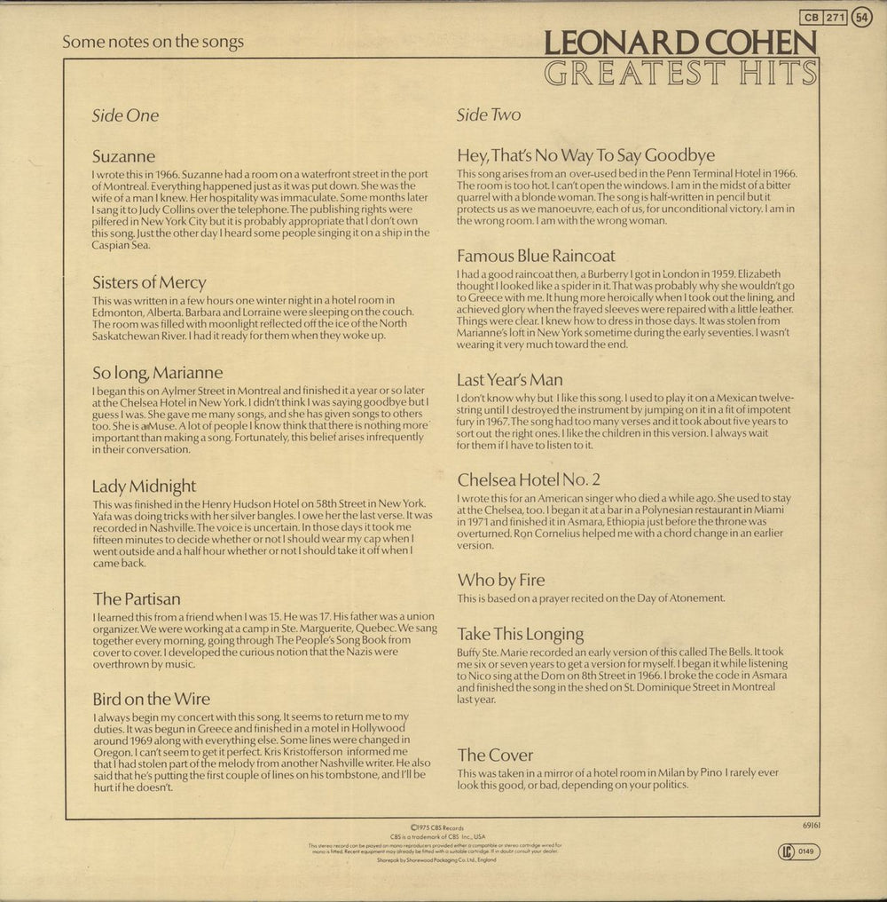 Leonard Cohen Greatest Hits + Inner UK vinyl LP album (LP record)