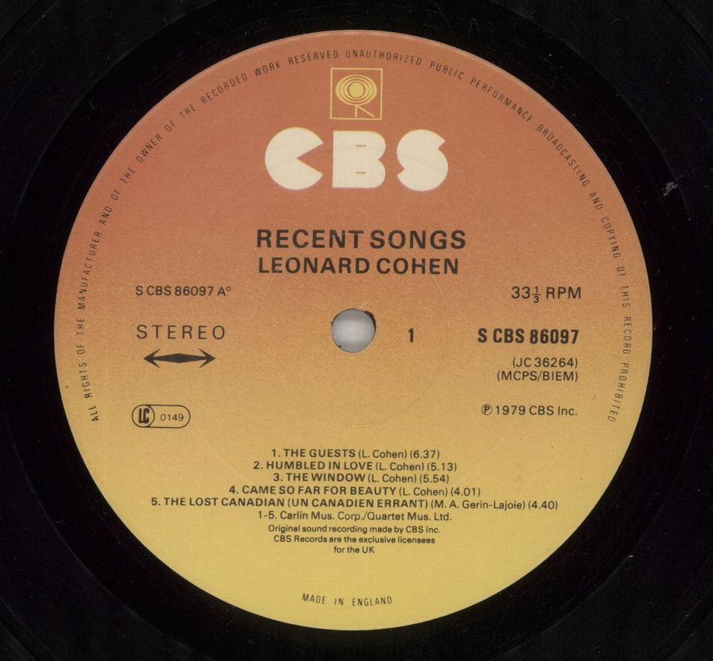 Leonard Cohen Recent Songs + Inner UK vinyl LP album (LP record) COHLPRE210458