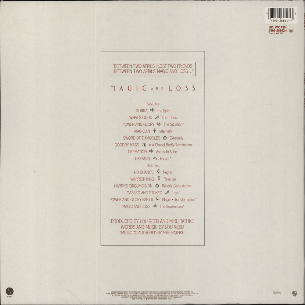 Lou Reed Magic And Loss UK vinyl LP album (LP record) 075992666213