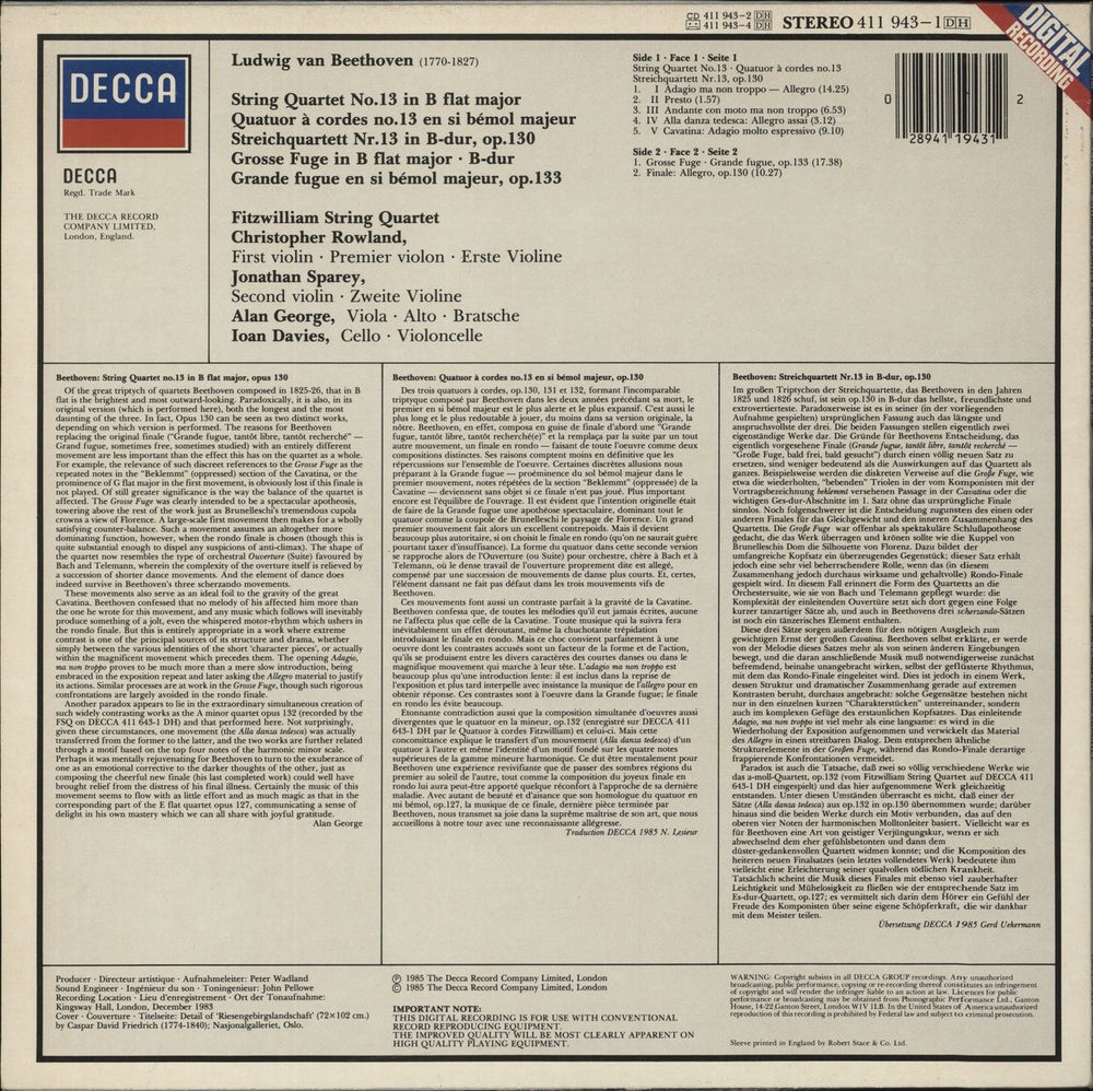 Ludwig Van Beethoven Beethoven: String Quartet No.13 Op.130 / Grosse Fuge Op.133 Dutch vinyl LP album (LP record) 028941194312