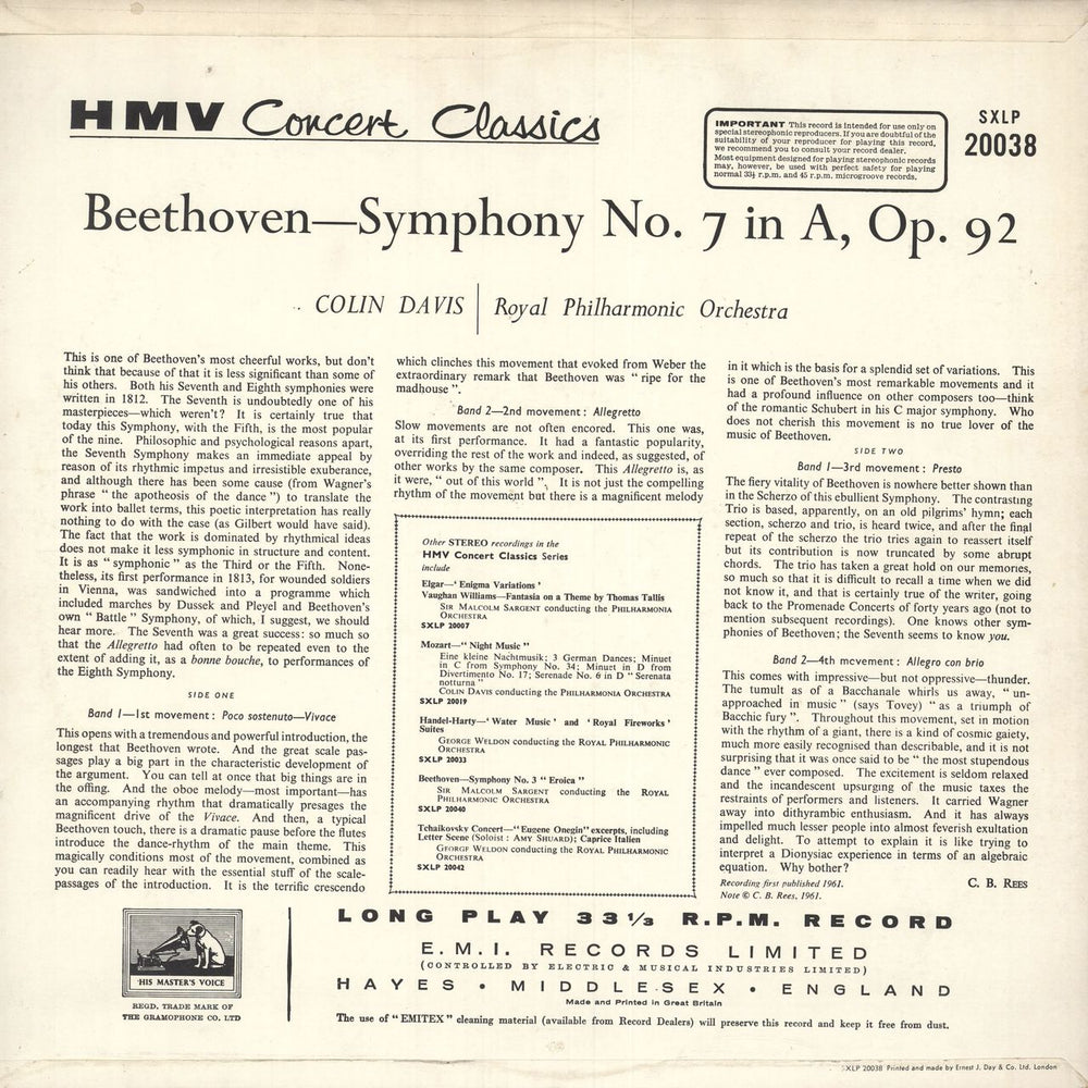 Ludwig Van Beethoven Beethoven: Symphony No. 7 In A, Op. 92 UK vinyl LP album (LP record)