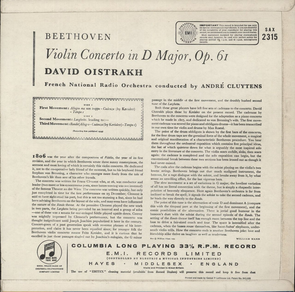 Ludwig Van Beethoven Beethoven: Violin Concerto UK vinyl LP album (LP record)