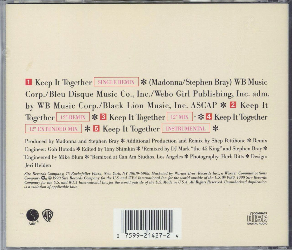 Madonna Keep It Together US CD single (CD5 / 5") 075992142724