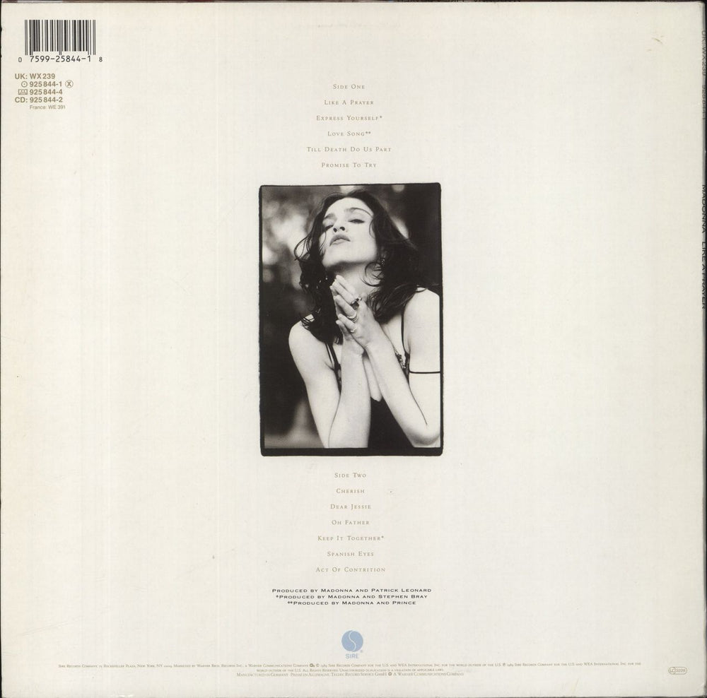 Madonna Like A Prayer - Scented Inner / EX UK vinyl LP album (LP record) 075992584418