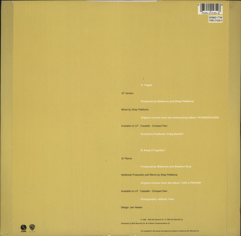 Madonna Vogue - EX UK 12" vinyl single (12 inch record / Maxi-single) 075992153508