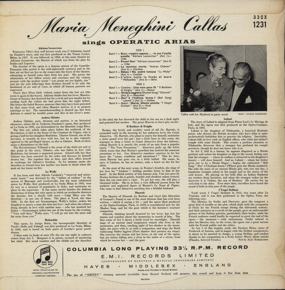Maria Callas Sings Operatic Arias UK vinyl LP album (LP record)