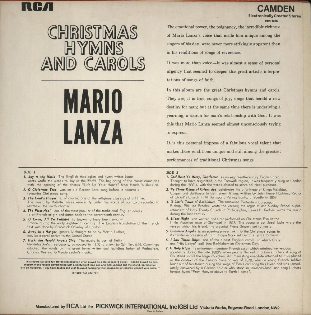 Mario Lanza Christmas Hymns & Carols UK vinyl LP album (LP record)