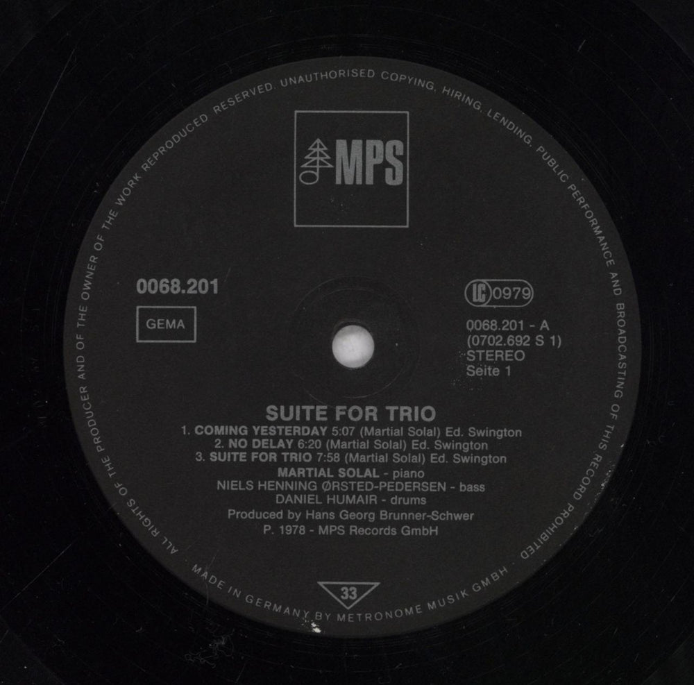 Martial Solal Suite For Trio German vinyl LP album (LP record)
