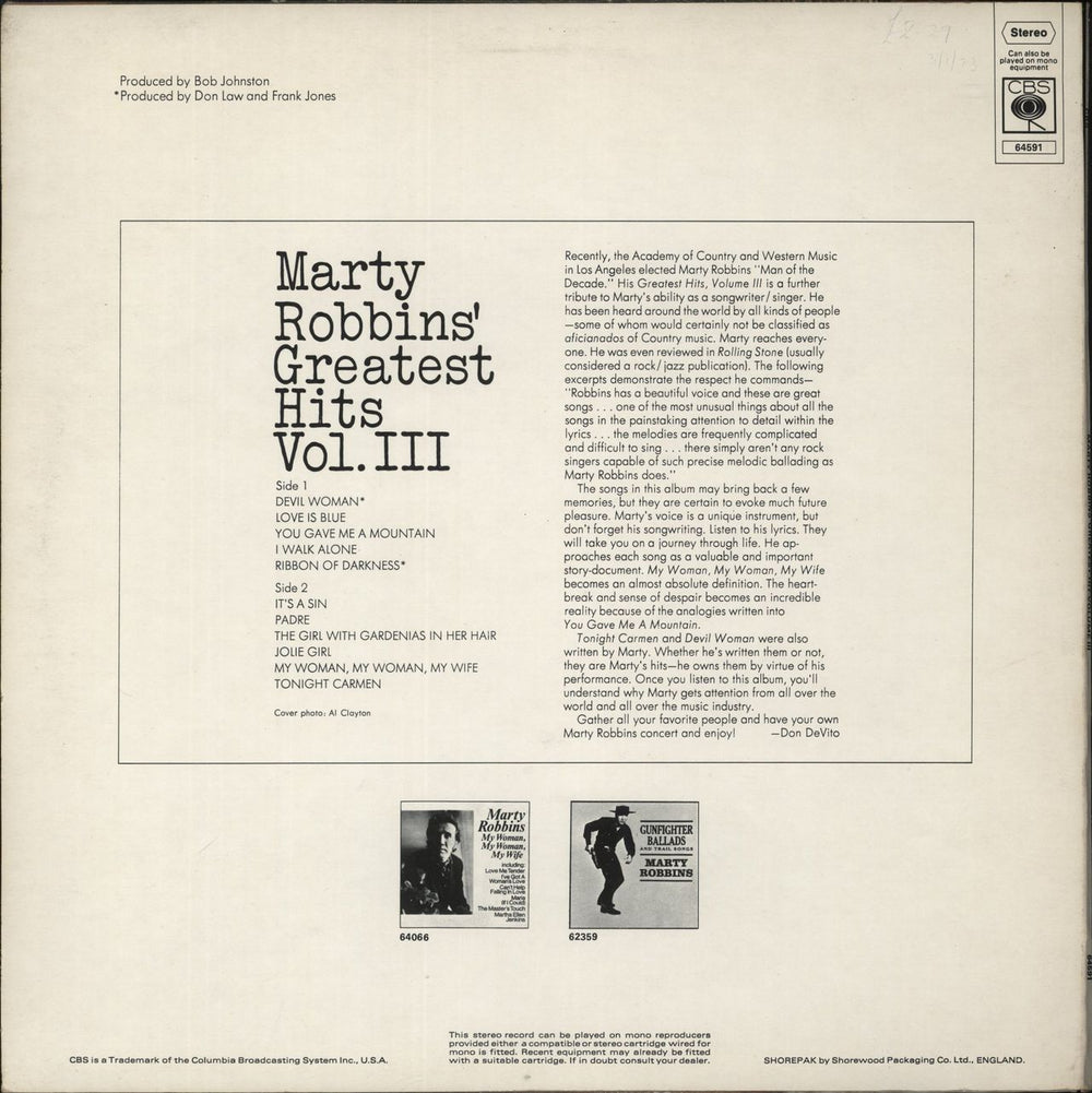 Marty Robbins Marty Robbins' Greatest Hits Vol. III UK vinyl LP album (LP record)