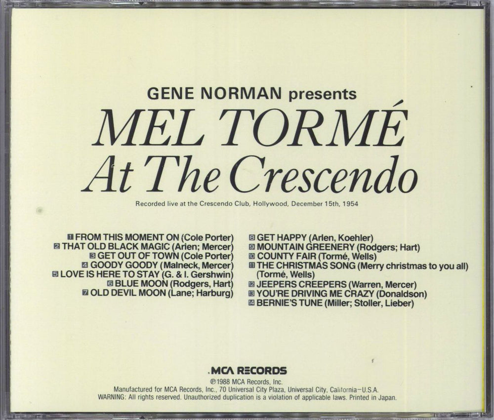 Mel Tormé At The Crescendo Japanese CD album (CDLP)