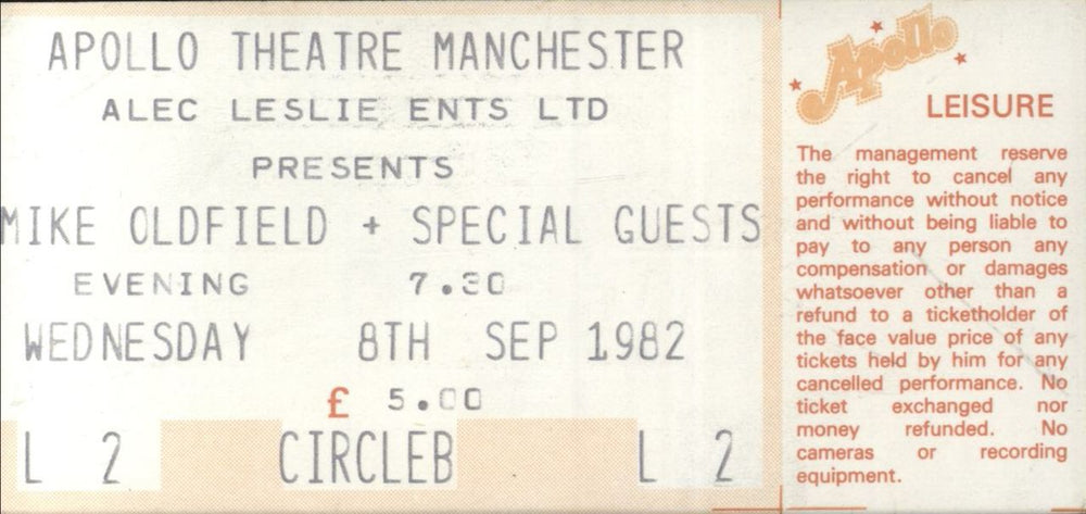 Mike Oldfield World Tour '82/83 + Ticket Stub UK tour programme OLDTRWO861409