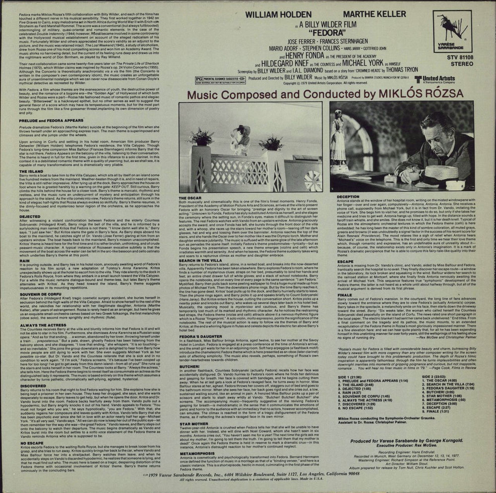 Miklos Rozsa Fedora US vinyl LP album (LP record)