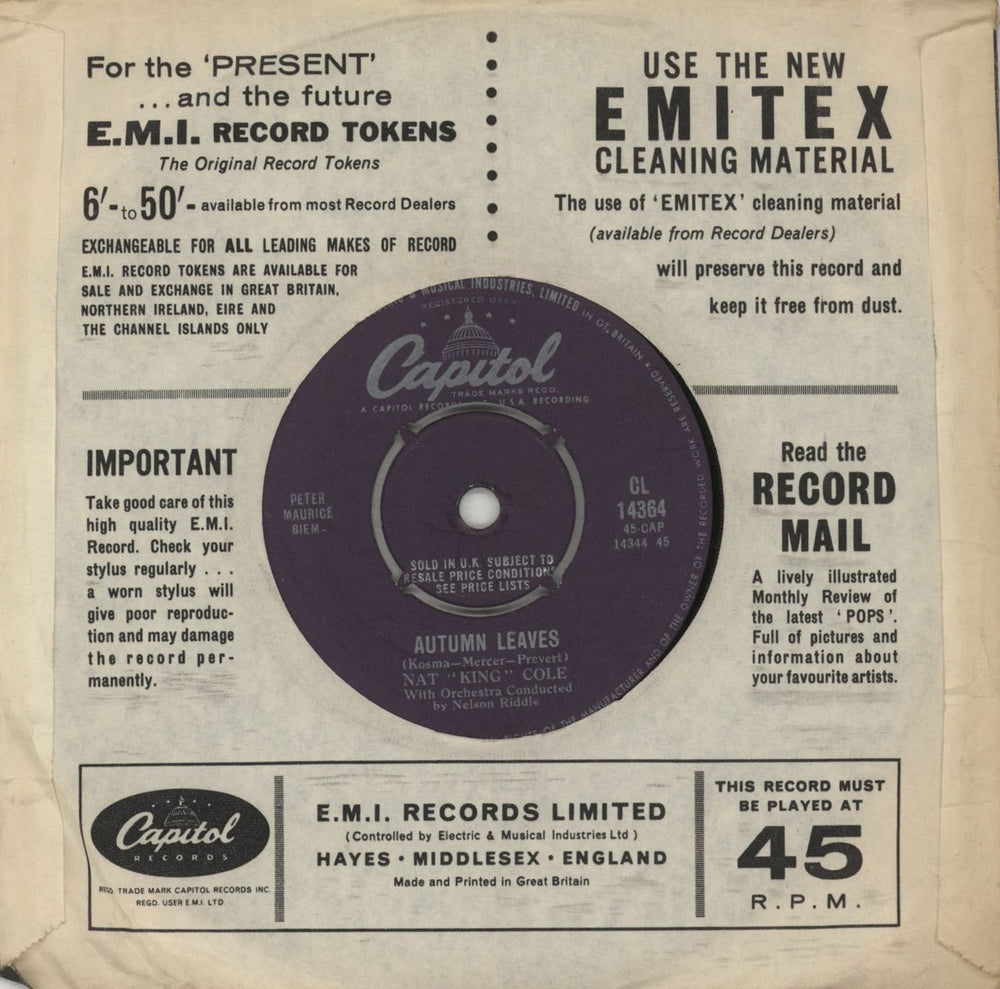 Nat King Cole Love Is A Many Splendored Thing UK 7" vinyl single (7 inch record / 45)