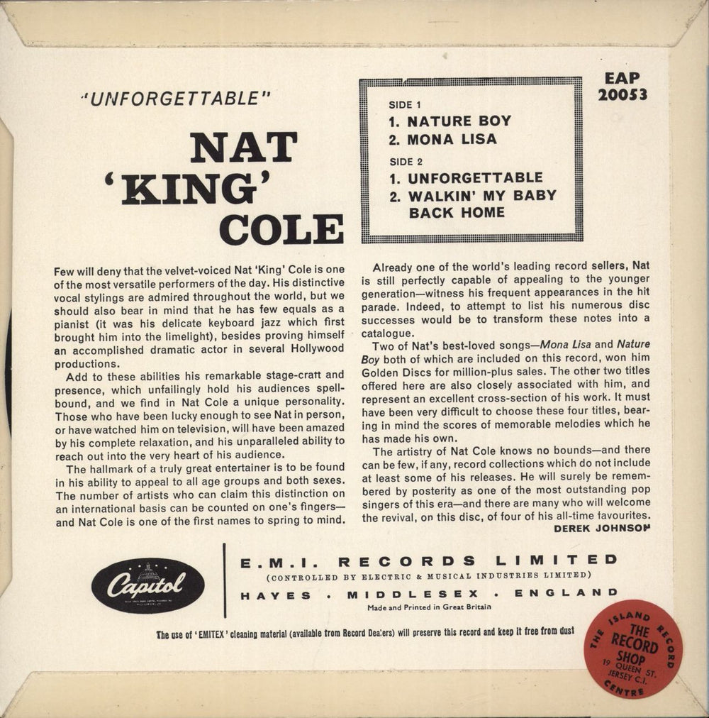 Nat King Cole Unforgettable EP UK 7" vinyl single (7 inch record / 45)
