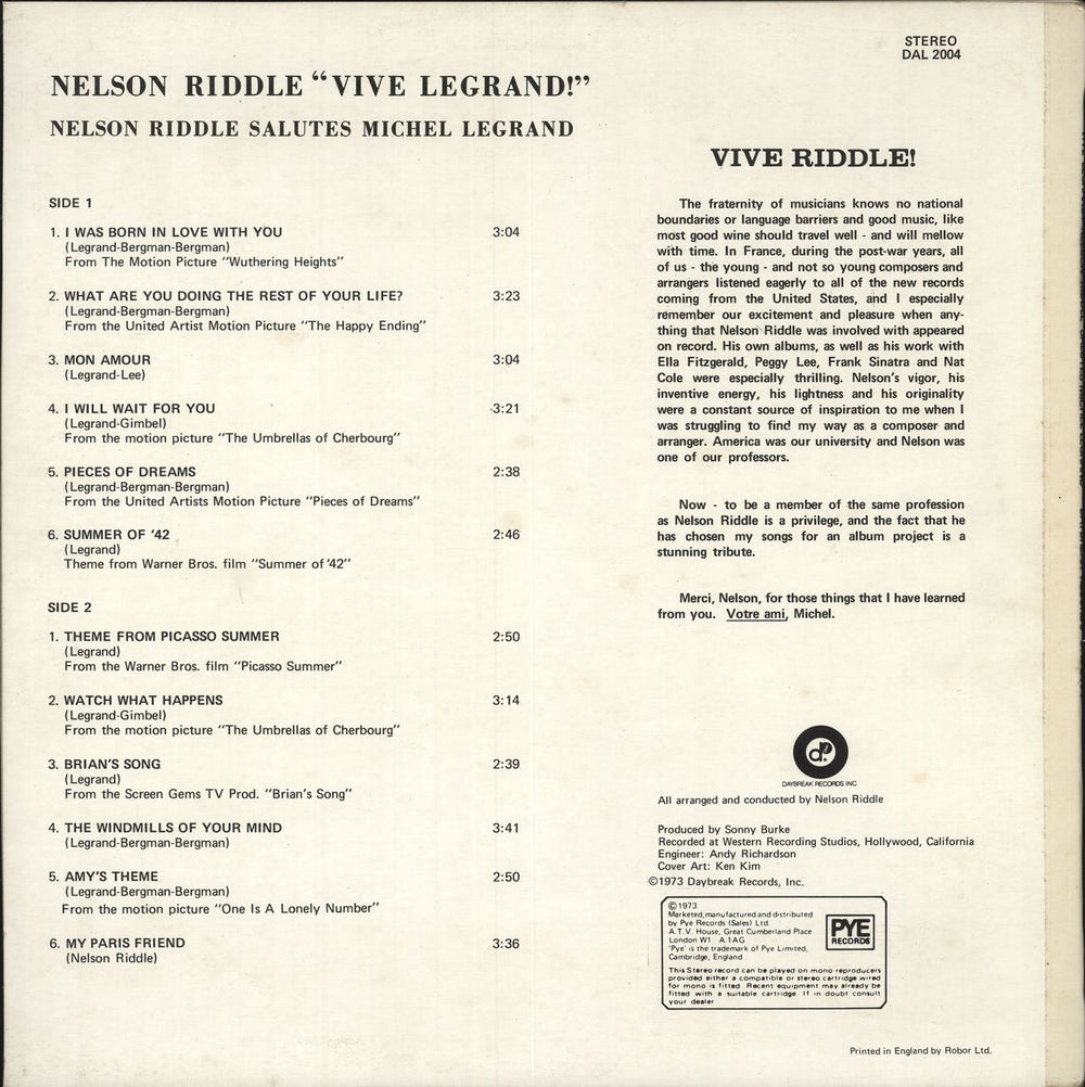 Nelson Riddle Vive Legrand! UK vinyl LP album (LP record)